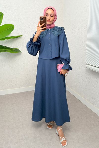 Salih Çelebi Baby Collar Skirt Set 2255 - Indigo