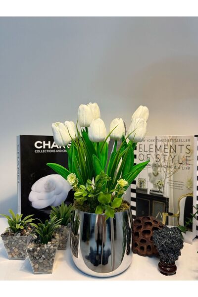 MY LOVE ÇİÇEKÇİLİK إناء زهور معدني فضي 8 زهور اصطناعية فاخرة من الزنبق الرطب ...