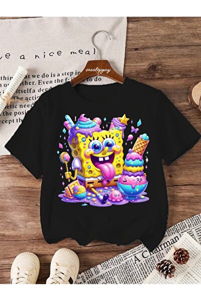 oneagılyazı تي شيرت للأطفال مطبوع عليه آيس كريم سبونج بوب مقاس كبير