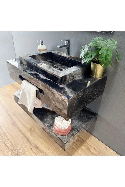 Akay Dizayn Porselen Banyo Lavabosu - Siyahbeyaz L05 -90cm