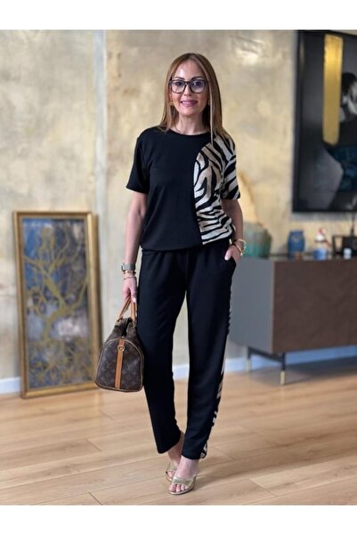 Genel Markalar Aesco Kadın Bisiklet Yaka Kısa Kol Leopar Desen Bluz Ve Pantol...