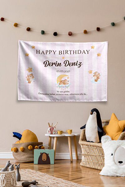 Vagonik Kişiye Özel Doğum Günü Ayıcık Temalı Happy Birthday Duvar Örtüsü Duva...