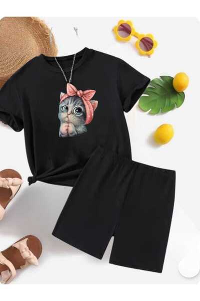 DOCE ELEGANTE costum de vară pentru copii cu imprimeu drăguț pisicuță