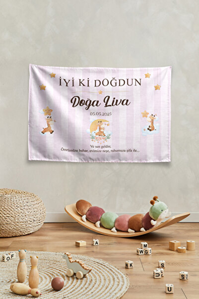 Vagonik Kişiye Özel Doğum Günü Zürafa Temalı Happy Birthday Duvar Örtüsü Duva...