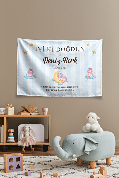 Vagonik Kişiye Özel Doğum Günü Unicorn Temalı Happy Birthday Duvar Örtüsü Duv...