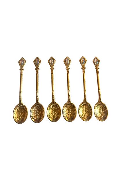 onyyapim Vintage 6-Piece Gold Looking Cast Tea Coffee Jam Spice White Stone Presentation Spoon