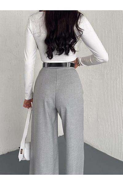 Gugus Women's Lima Fabric Trousers Wide Leg Double Coated Belt Detailed Palazzo Model