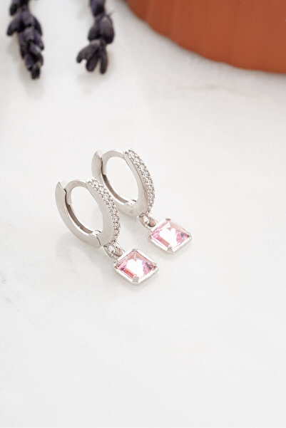 Nereze 925 Ayar Gümüş Rodyum Kaplama Sallantılı Pembe Zirkon Taşlı Halka Küpe