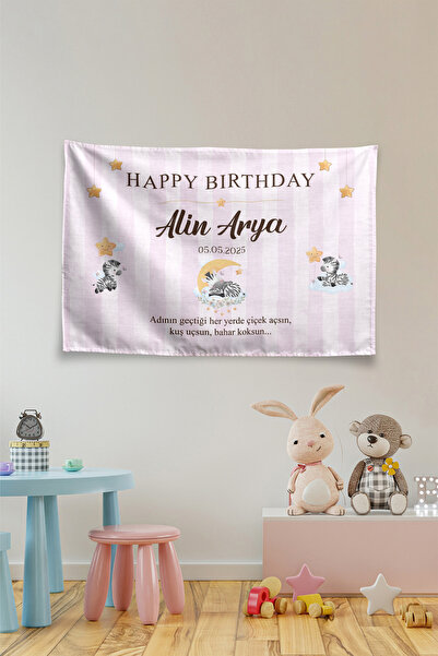 Vagonik Kişiye Özel Doğum Günü Zebra Temalı Happy Birthday Duvar Örtüsü Duvar...