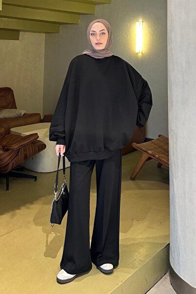 lamelif Hooded Trousers Double Hijab Suit Black