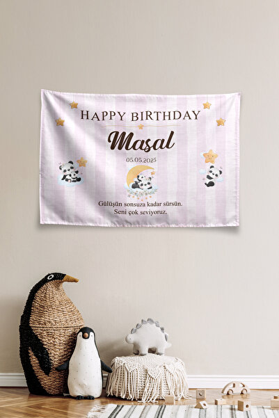 Vagonik Kişiye Özel Doğum Günü Panda Temalı Happy Birthday Duvar Örtüsü Duvar...