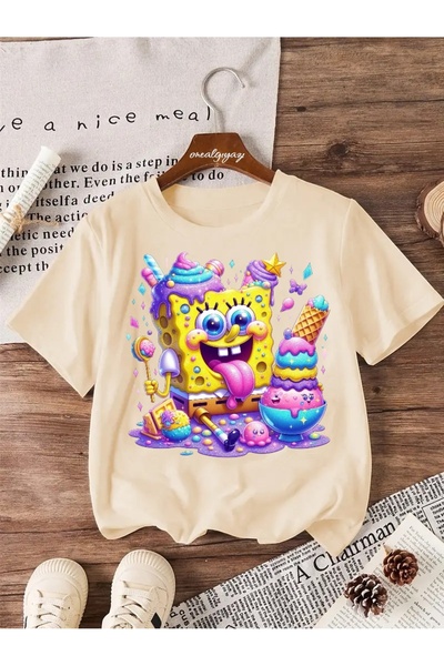 oneagılyazı تي شيرت للأطفال مطبوع عليه آيس كريم سبونج بوب مقاس كبير