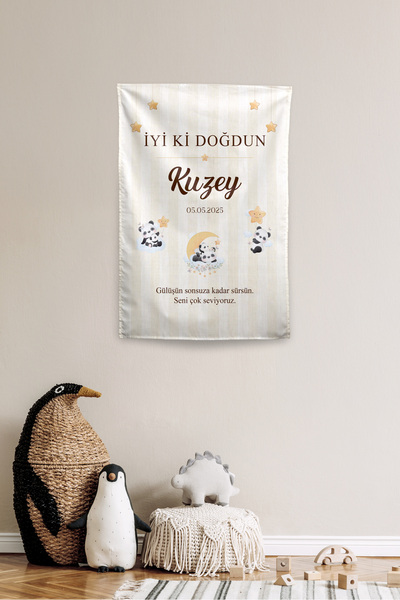 Vagonik Kişiye Özel Doğum Günü Panda Temalı Happy Birthday Duvar Örtüsü Duvar...