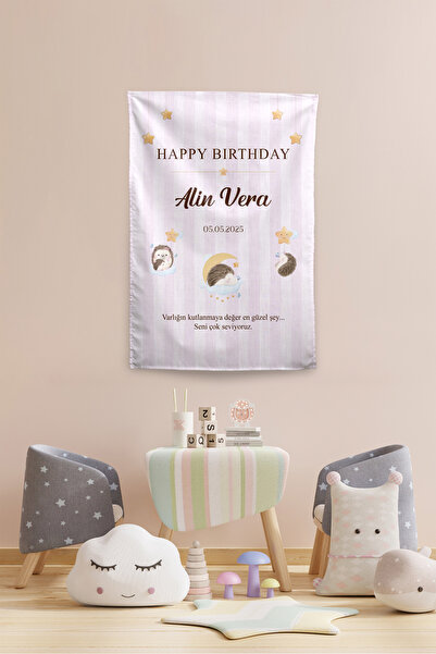 Vagonik Kişiye Özel Doğum Günü Kirpi Temalı Happy Birthday Duvar Örtüsü Duvar...
