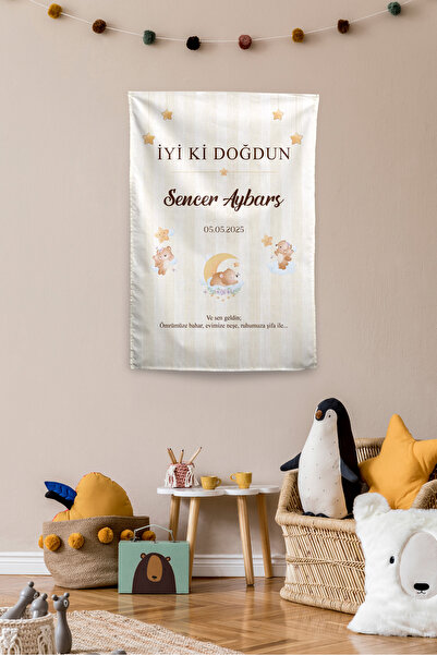 Vagonik Kişiye Özel Doğum Günü Ayıcık Temalı Happy Birthday Duvar Örtüsü Duva...