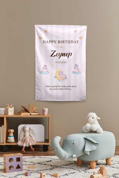 Vagonik Kişiye Özel Doğum Günü Unicorn Temalı Happy Birthday Duvar Örtüsü Duv...