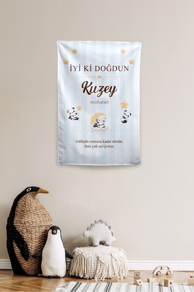 Vagonik Kişiye Özel Doğum Günü Panda Temalı Happy Birthday Duvar Örtüsü Duvar...