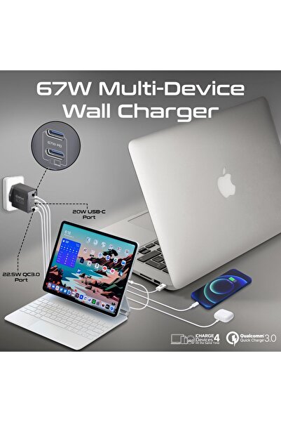 Promate 67W USB-C GaN Wall Charger, Ultra-Compact Dual USB-C Power Delivery Laptop Charger