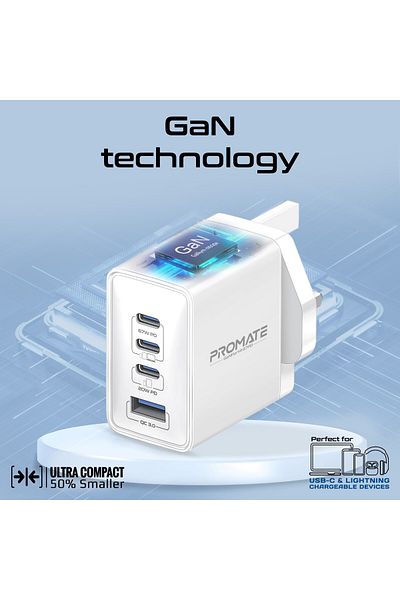 Promate 67W USB-C GaN Wall Charger, Ultra-Compact Dual USB-C Power Delivery Laptop Charger
