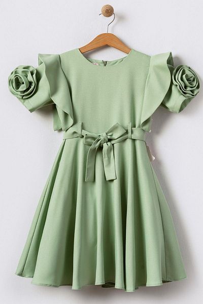 Tivido Flared Skirt Rose Detailed Short Sleeve Girl's Dress - Green