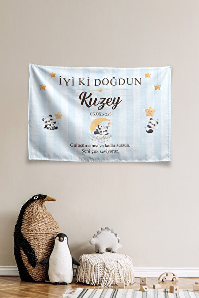 Vagonik Kişiye Özel Doğum Günü Panda Temalı Happy Birthday Duvar Örtüsü Duvar...