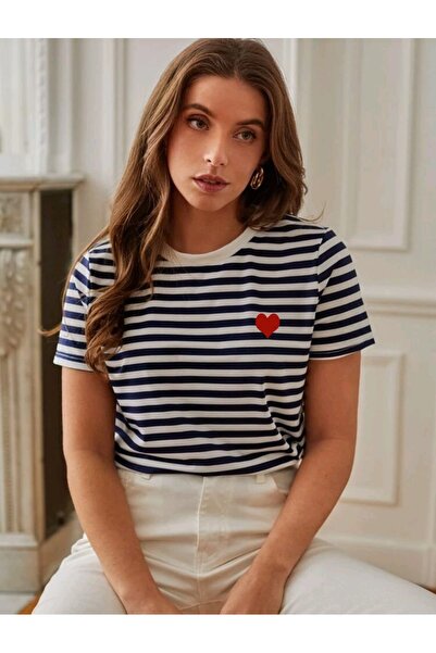 FAVORİST Navy Blue Striped New Season Heart Detailed Regular Fit Women's T-Shirt