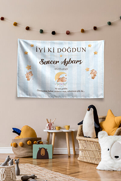Vagonik Kişiye Özel Doğum Günü Ayıcık Temalı Happy Birthday Duvar Örtüsü Duva...