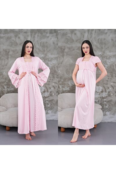 BLACKMORE Kadın Pudra Tasarım Dantelli Lohusa Hamile Gecelik-Sabahlık 2'li Ta...