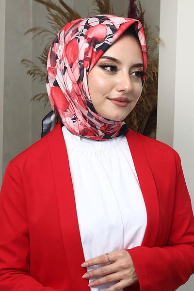 AFVENTE Red Soft Cotton Leaf Patterned Scarf