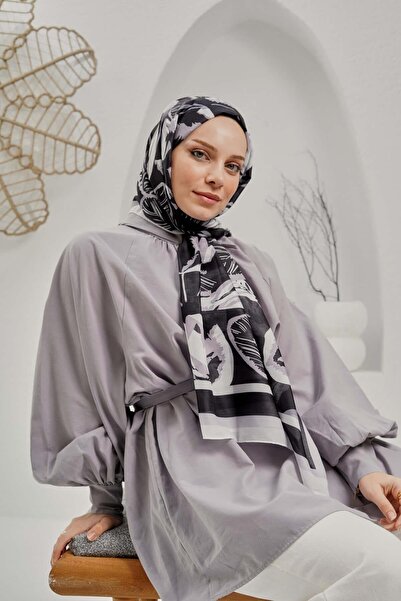 AFVENTE شال قطني ناعم أسود بنمط أوراق الشجر