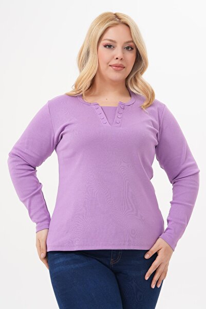 Siyezen Plus Size Double Button Detailed Cotton Lycra Basic Blouse