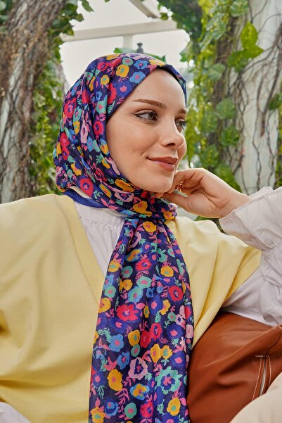 AFVENTE Σάλι με λουλουδάτο μοτίβο από μαλακό βαμβακερό μπλε Navy