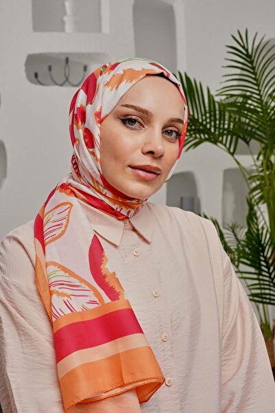 AFVENTE Κόκκινο μαλακό βαμβακερό σάλι - Μοτίβο φύλλων