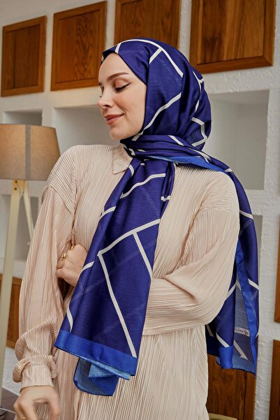 AFVENTE Синій шарф з геометричним візерунком, м'яка бавовна