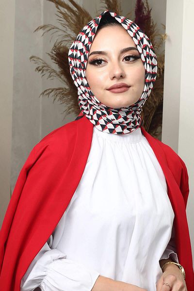 AFVENTE Red Geometric Patterned Soft Cotton Scarf
