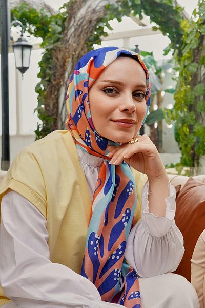AFVENTE Şal albastru din bumbac moale cu frunze tropicale