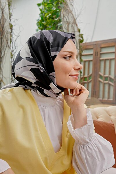 AFVENTE Eșarfă din bumbac moale cu model de frunze negru - alb