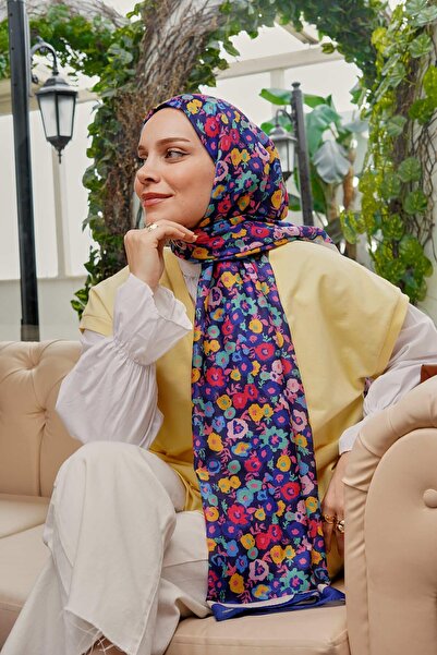 AFVENTE Σάλι με λουλουδάτο μοτίβο από μαλακό βαμβακερό μπλε Navy