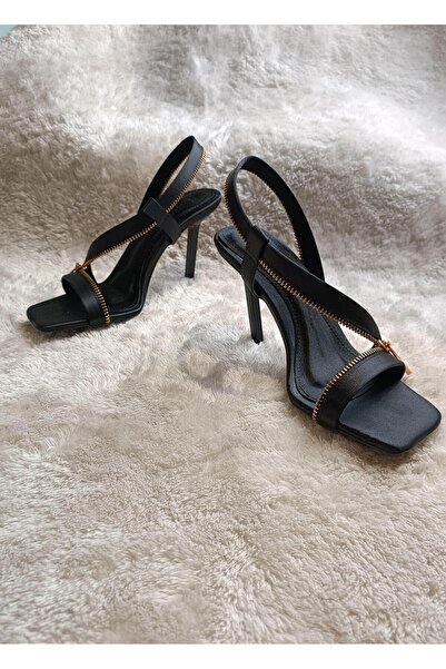 RUXENE FEMME SİYAH - KIRMIZI FERMUAR DETAYLI SATEN KUMAŞ KARE BURUN 8 CM İNCE...