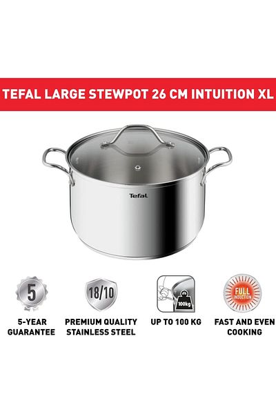 TEFAL Intuition XL stockpot | 26 cm | Premium Stainless steel 18/10 | XL Size | Robust Handles | B8646304