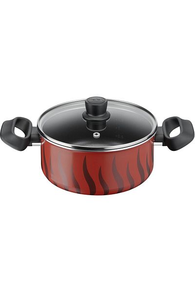 TEFAL Cooking Pot | Tempo Flame 20 Cm Non Stick Casserole With Lid | Red | Aluminium | C3044485