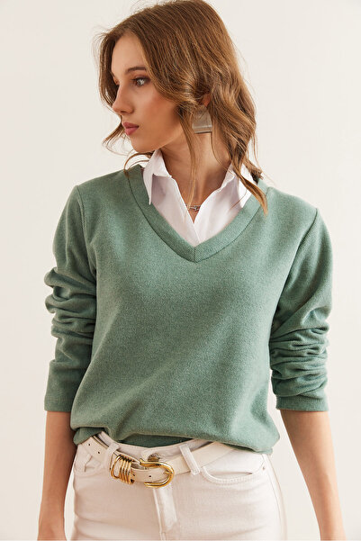 Olalook Kadın Çağla Yeşili Gömlek Yaka Detaylı Selanik Bluz BLZ-19002777