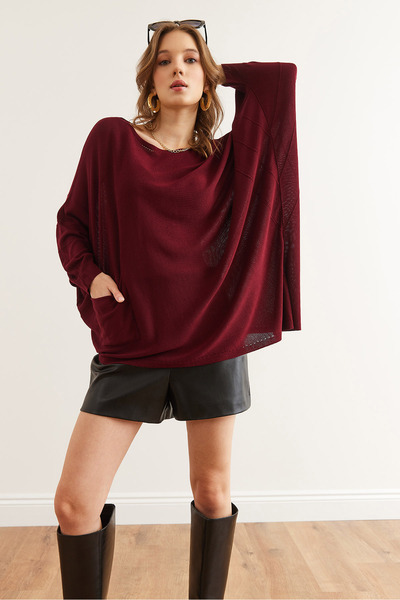 Olalook Women's Burgundy Pocket Asymmetrical Cut Viscose Knitwear Blouse Blz- 19002851