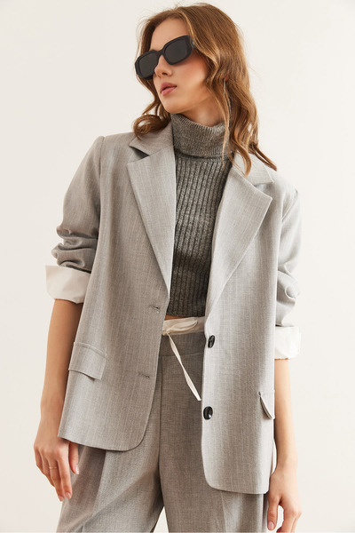 Olalook Γυναικεία ανοιχτό γκρι μανσέτα με λεπτομέρεια Fleto Pocket Lined ριγέ μπουφάν σακάκι CKT- 19000428