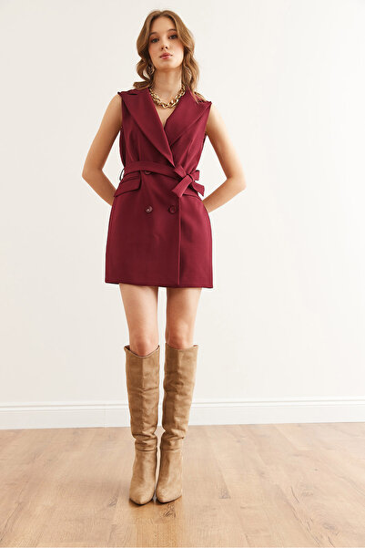 Olalook Γυναικείο μακρύ γιλέκο με μπορντό φόδρα με ζώνη Fleto Pocket YLK- 19000053