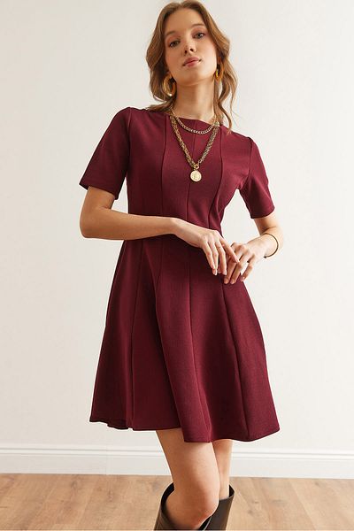 Olalook Damen Burgundy Piece Trend Mini Flared Dress ELB- 19002344