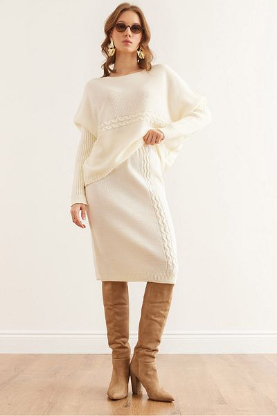 Olalook Women's Ecru Hair Knit Detailed Skirted Knitwear Set Tkm- 19000357