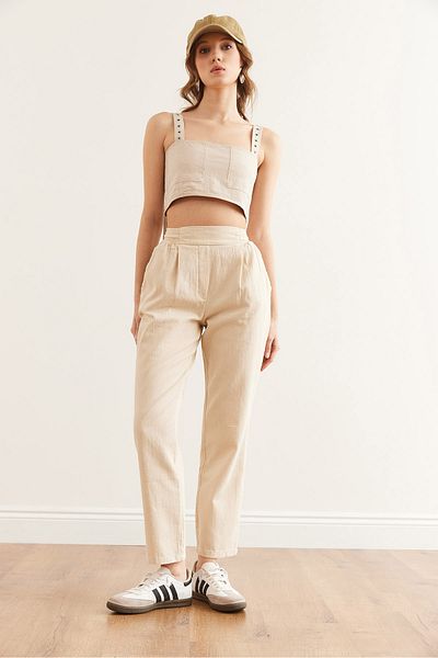 Olalook Women's Linen Pants - Stone Color, Guipure Detail, Pockets and Lace-Up Pnt- 19000316