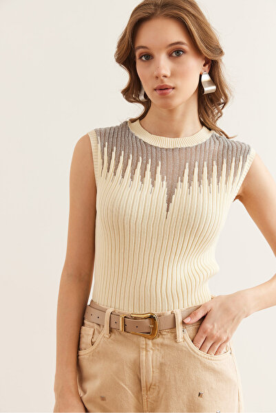 Olalook Kadın Ekru Gümüş Roba Transparan Fitilli Triko Bluz BLZ-19002645