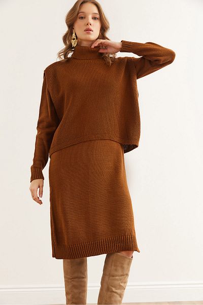 Olalook Turtleneck Camel Hair Women's Knitwear Set - Tkm- 19000356
